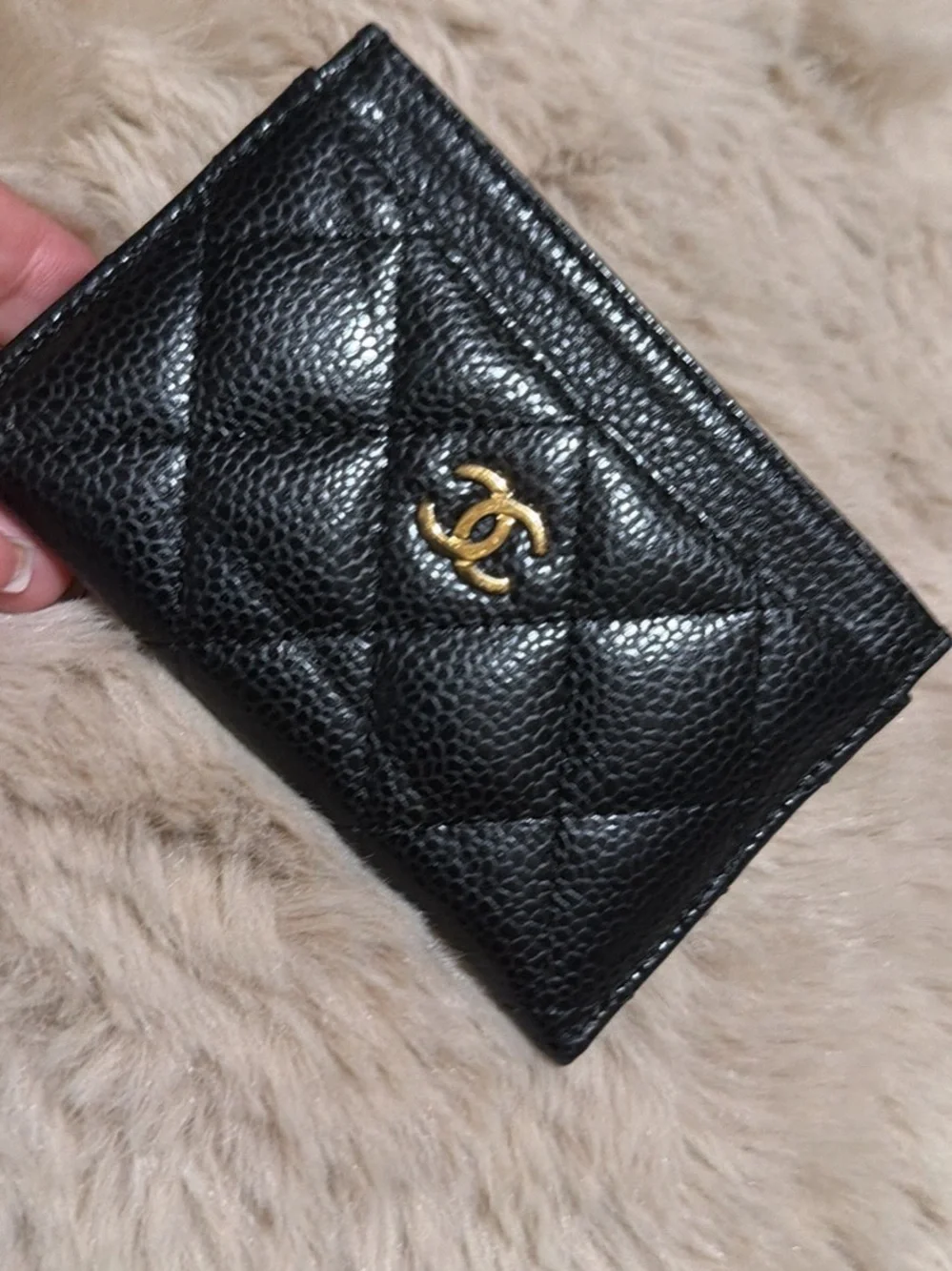 CHANEL Black Quilted Card Case with Gold CC Emblem